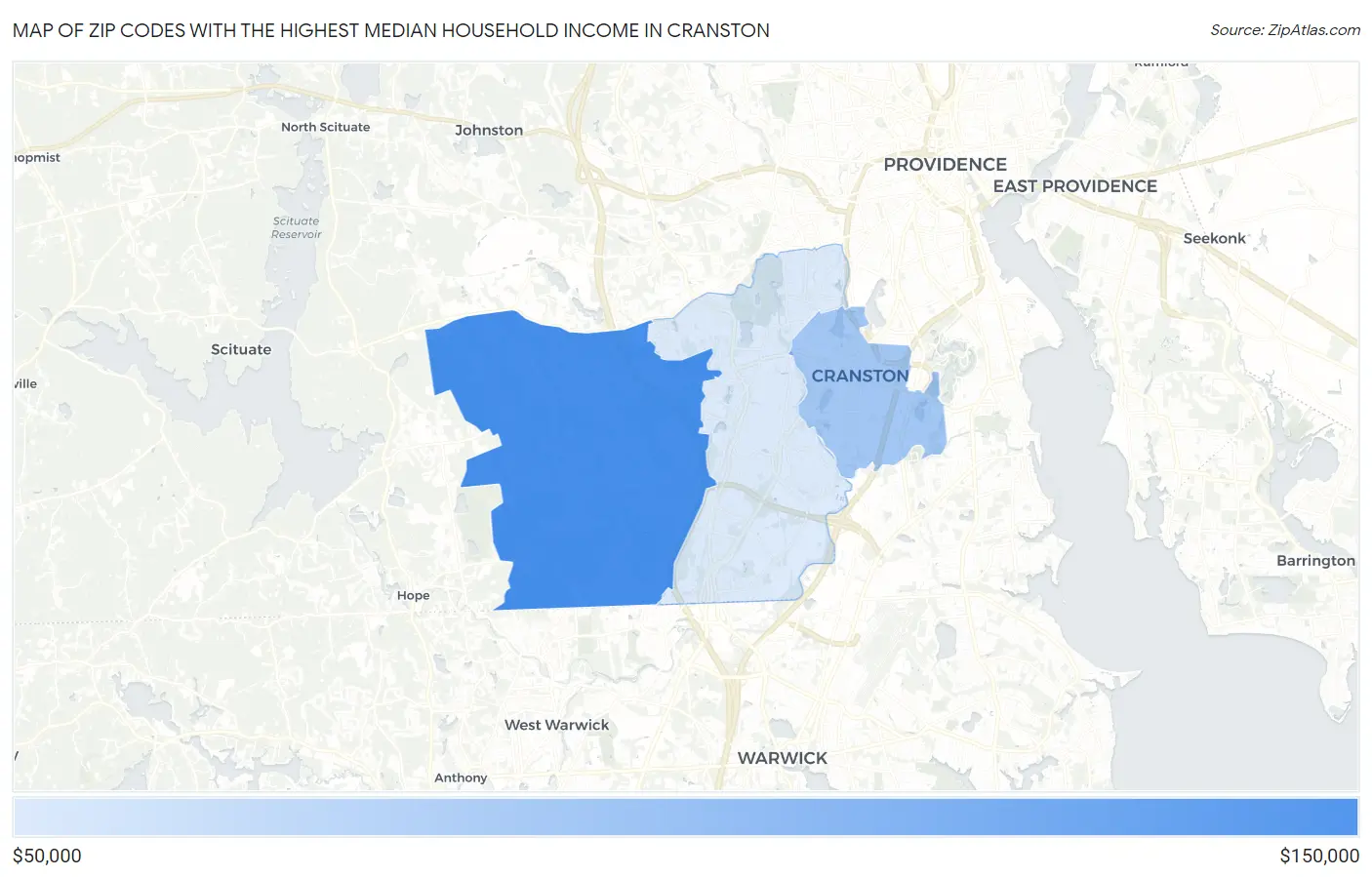 Zip Codes with the Highest Median Household Income in Cranston Map