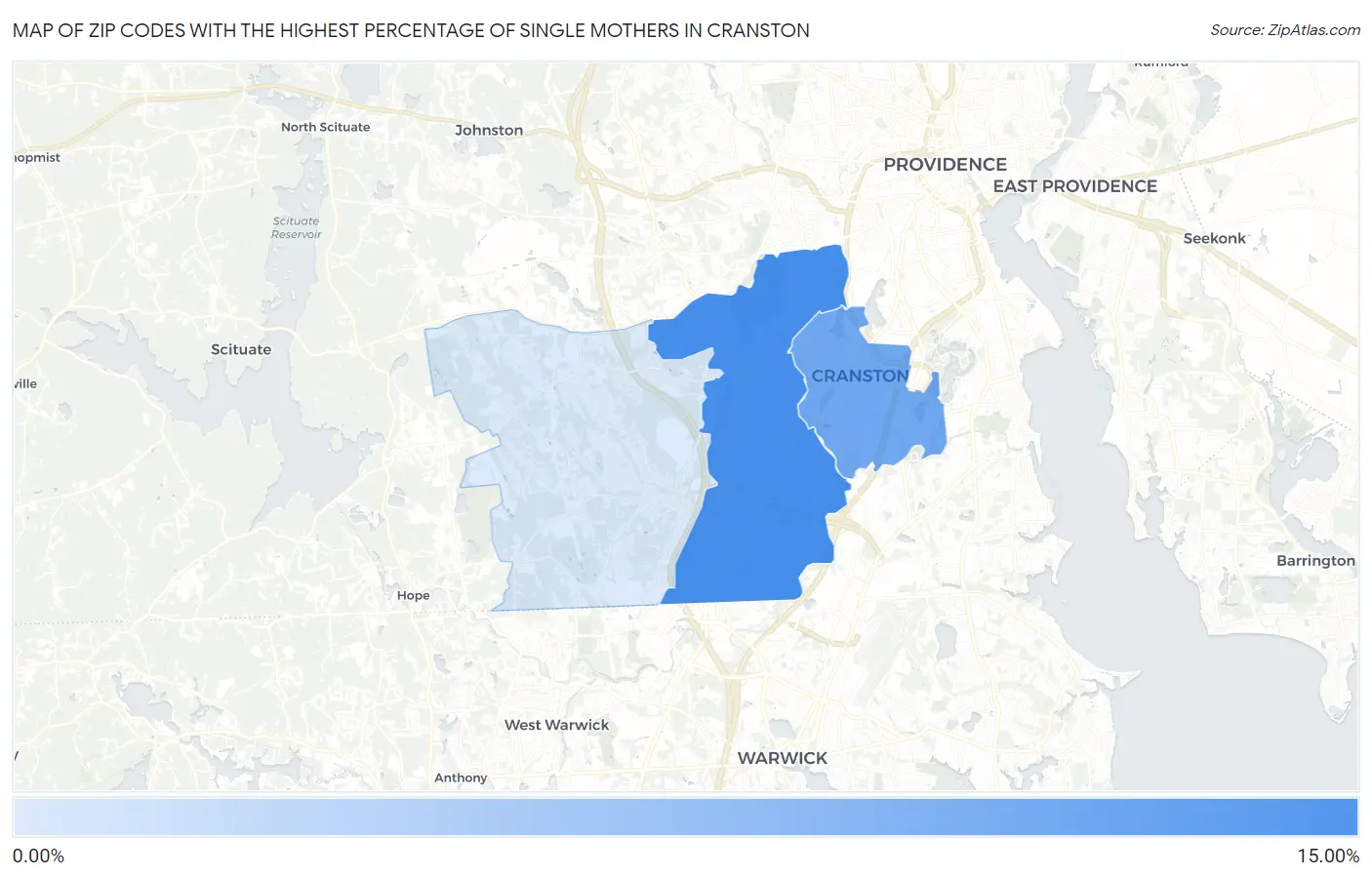 Zip Codes with the Highest Percentage of Single Mothers in Cranston Map
