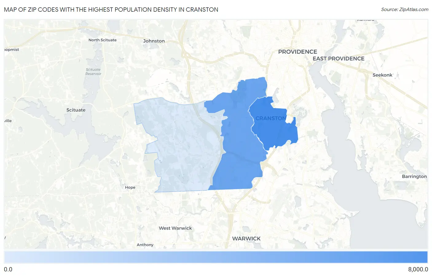 Zip Codes with the Highest Population Density in Cranston Map