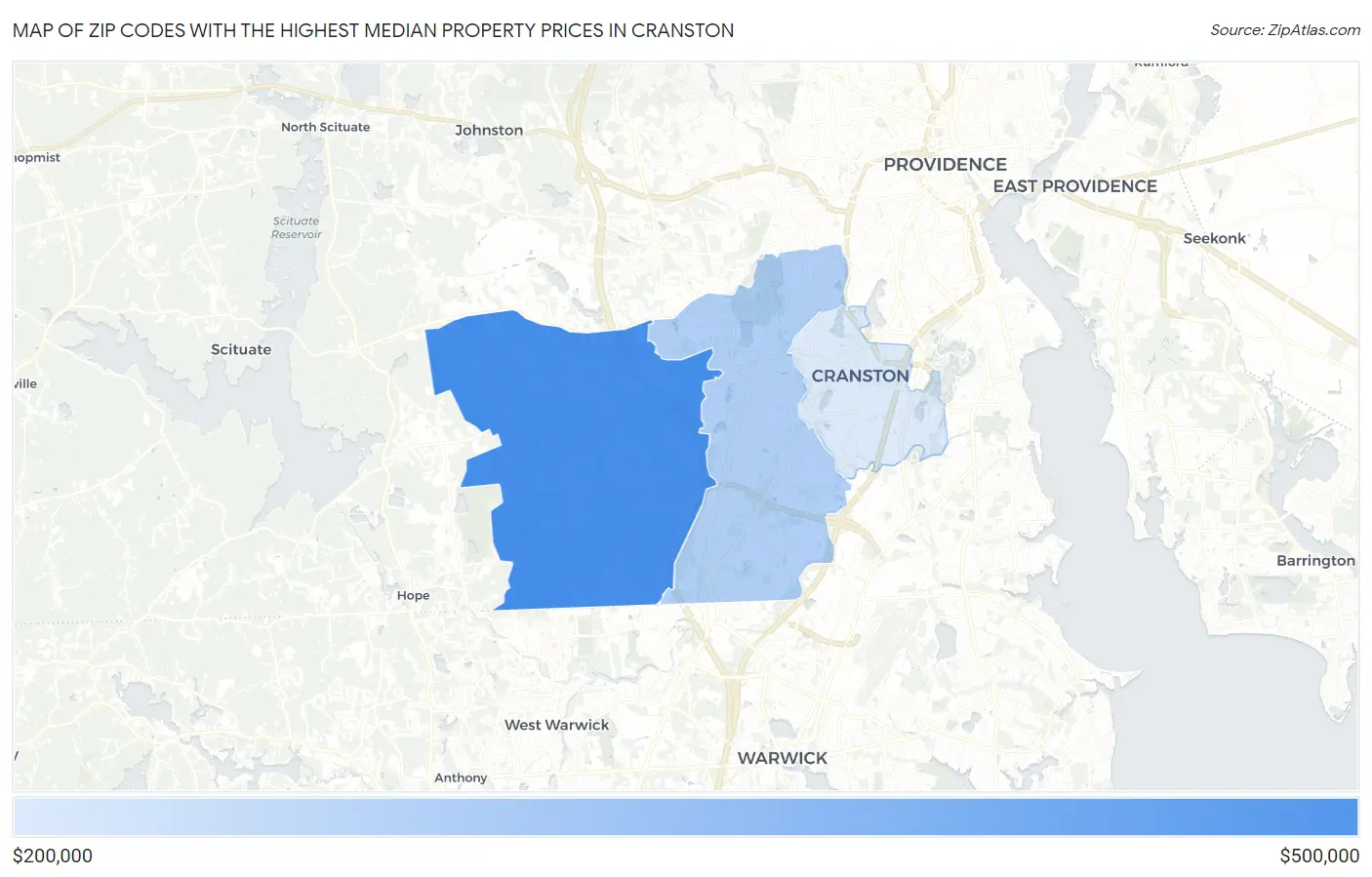 Zip Codes with the Highest Median Property Prices in Cranston Map
