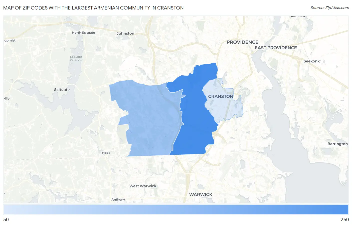 Zip Codes with the Largest Armenian Community in Cranston Map