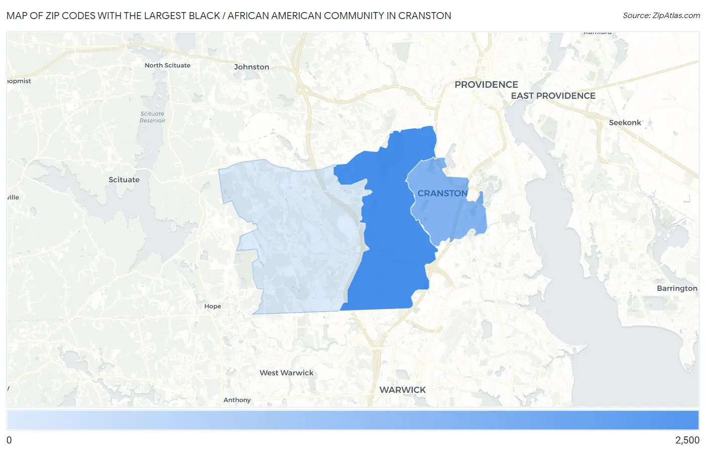 Zip Codes with the Largest Black / African American Community in Cranston Map