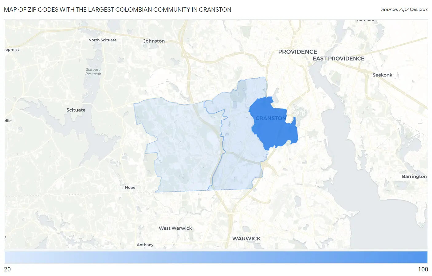 Zip Codes with the Largest Colombian Community in Cranston Map
