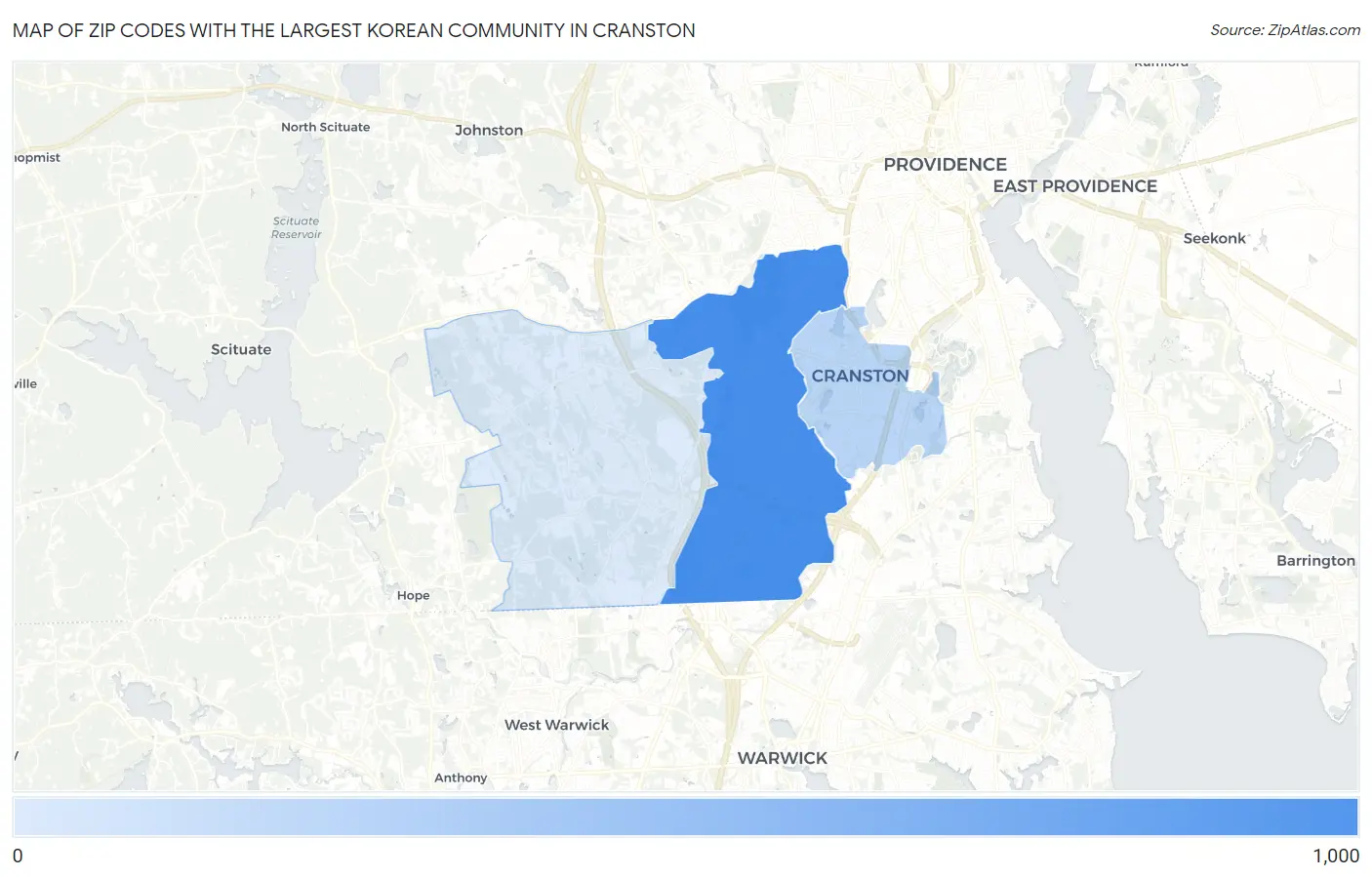 Zip Codes with the Largest Korean Community in Cranston Map