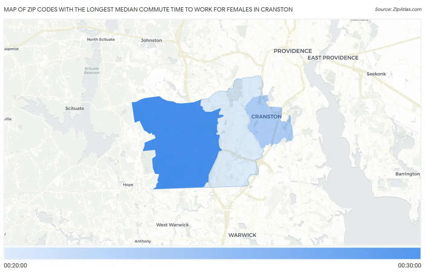 Zip Codes with the Longest Median Commute Time to Work for Females in Cranston Map