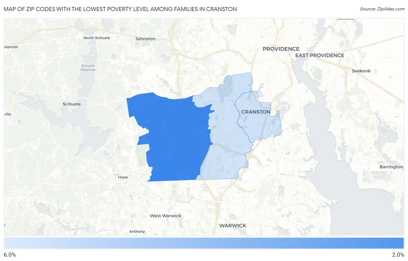 Zip Codes with the Lowest Poverty Level Among Families in Cranston Map