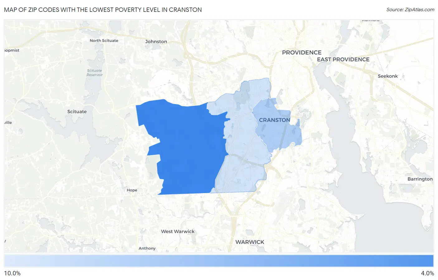 Zip Codes with the Lowest Poverty Level in Cranston Map