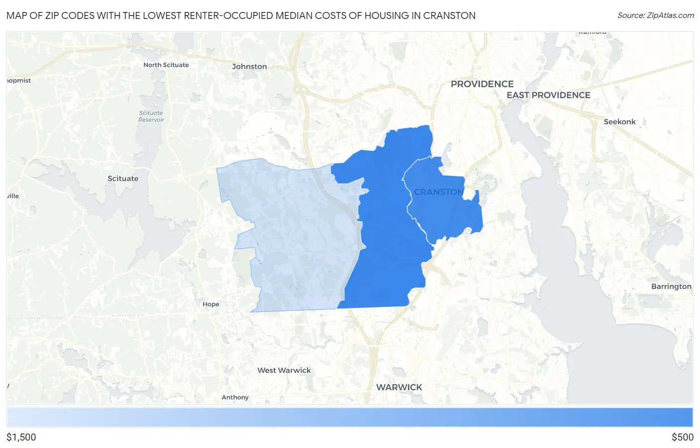 Zip Codes with the Lowest Renter-Occupied Median Costs of Housing in Cranston Map