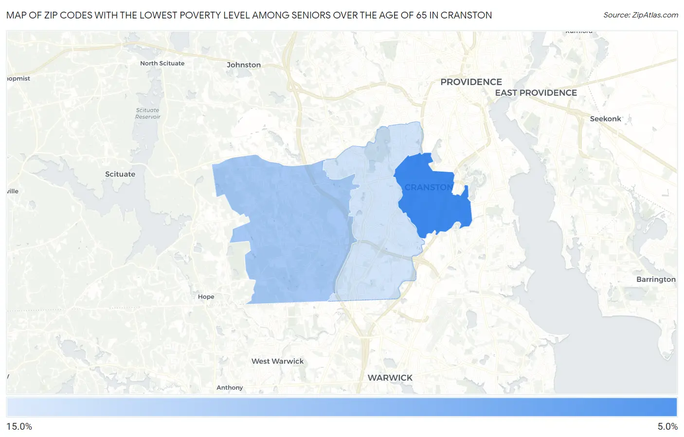 Zip Codes with the Lowest Poverty Level Among Seniors Over the Age of 65 in Cranston Map