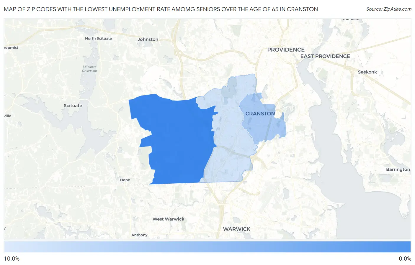 Zip Codes with the Lowest Unemployment Rate Amomg Seniors Over the Age of 65 in Cranston Map