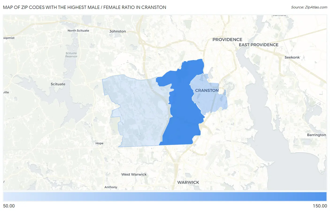 Zip Codes with the Highest Male / Female Ratio in Cranston Map
