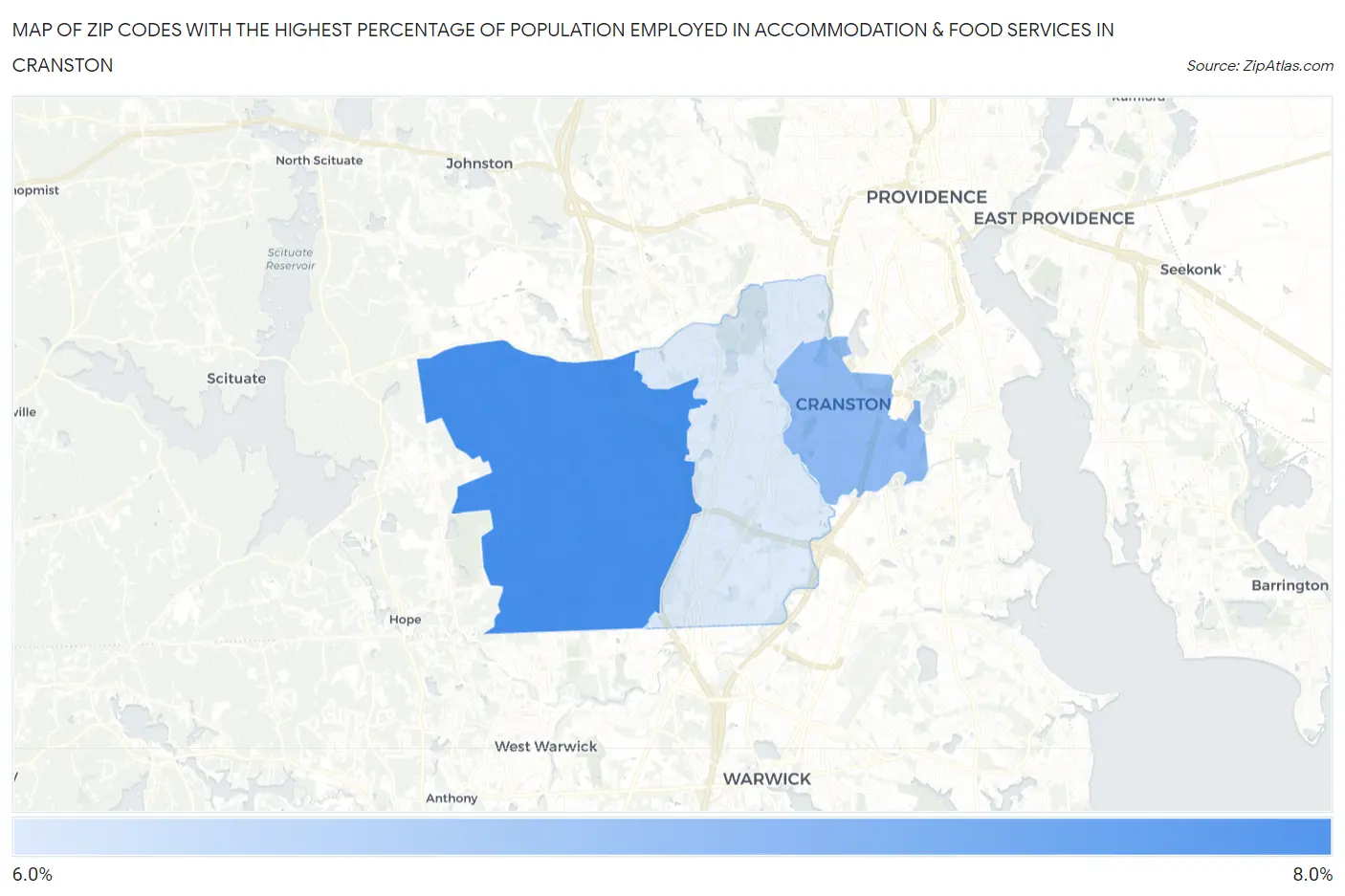 Zip Codes with the Highest Percentage of Population Employed in Accommodation & Food Services in Cranston Map