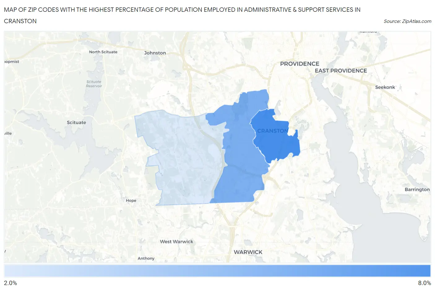 Zip Codes with the Highest Percentage of Population Employed in Administrative & Support Services in Cranston Map