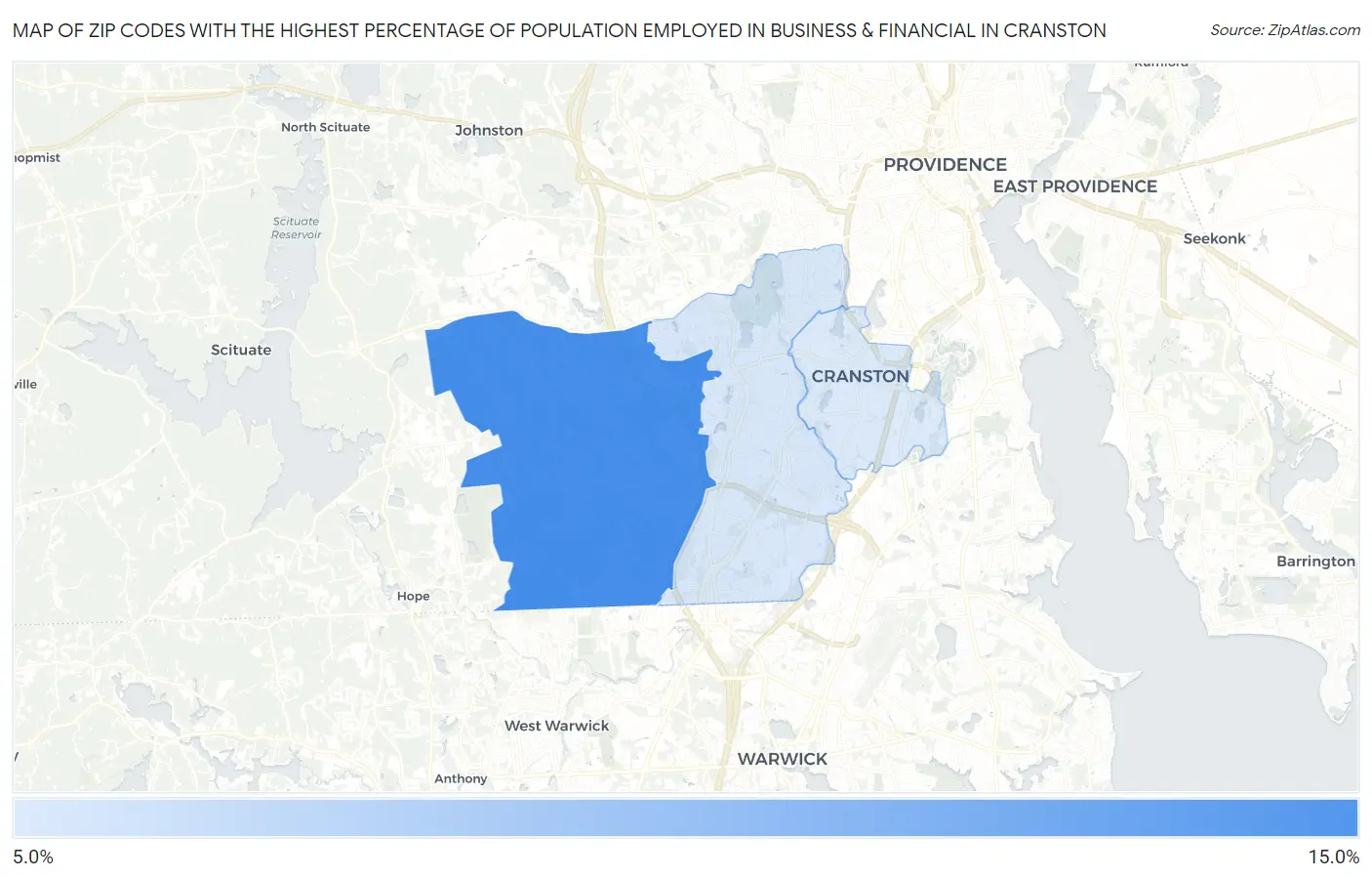 Zip Codes with the Highest Percentage of Population Employed in Business & Financial in Cranston Map