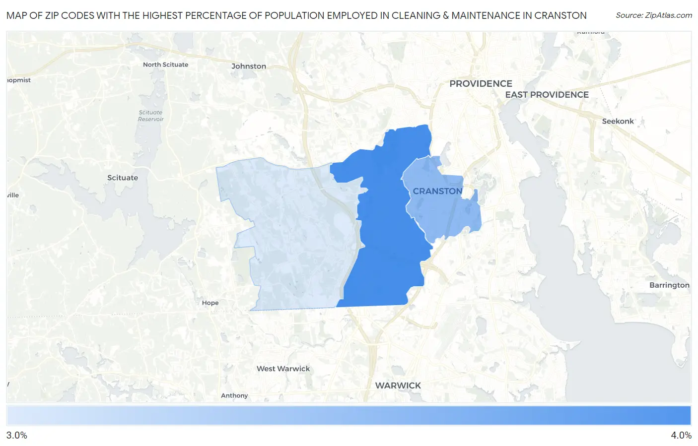 Zip Codes with the Highest Percentage of Population Employed in Cleaning & Maintenance in Cranston Map