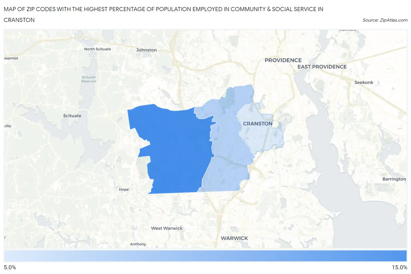 Zip Codes with the Highest Percentage of Population Employed in Community & Social Service  in Cranston Map