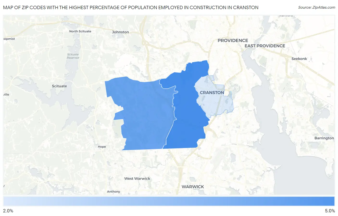Zip Codes with the Highest Percentage of Population Employed in Construction in Cranston Map