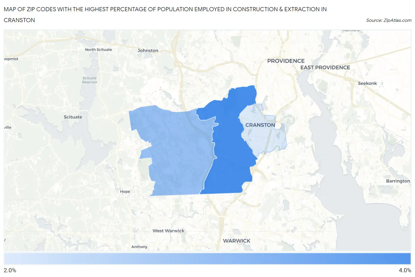 Zip Codes with the Highest Percentage of Population Employed in Construction & Extraction in Cranston Map
