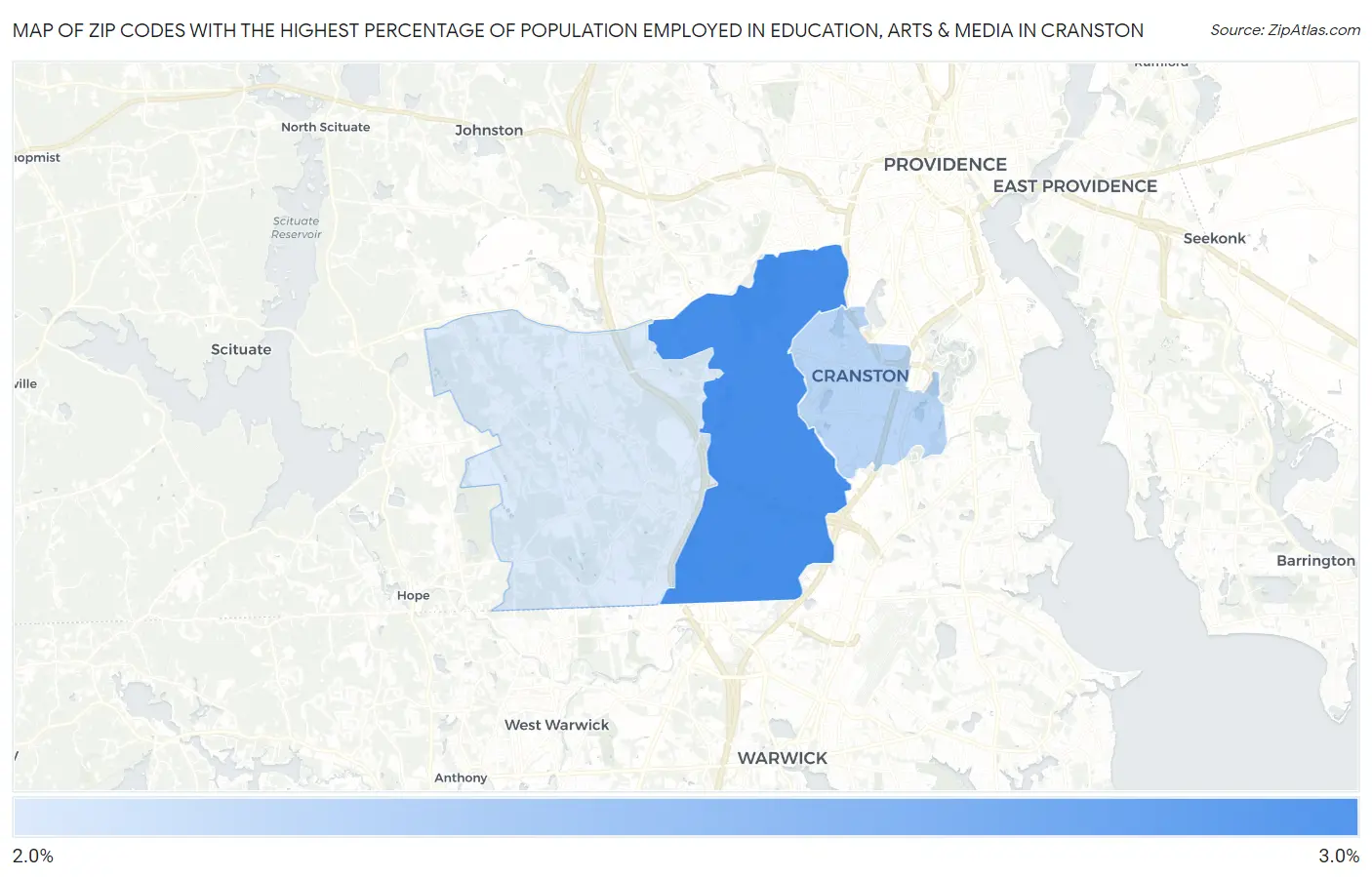 Zip Codes with the Highest Percentage of Population Employed in Education, Arts & Media in Cranston Map