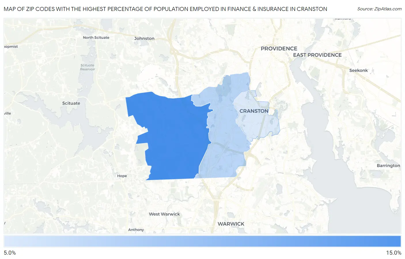 Zip Codes with the Highest Percentage of Population Employed in Finance & Insurance in Cranston Map