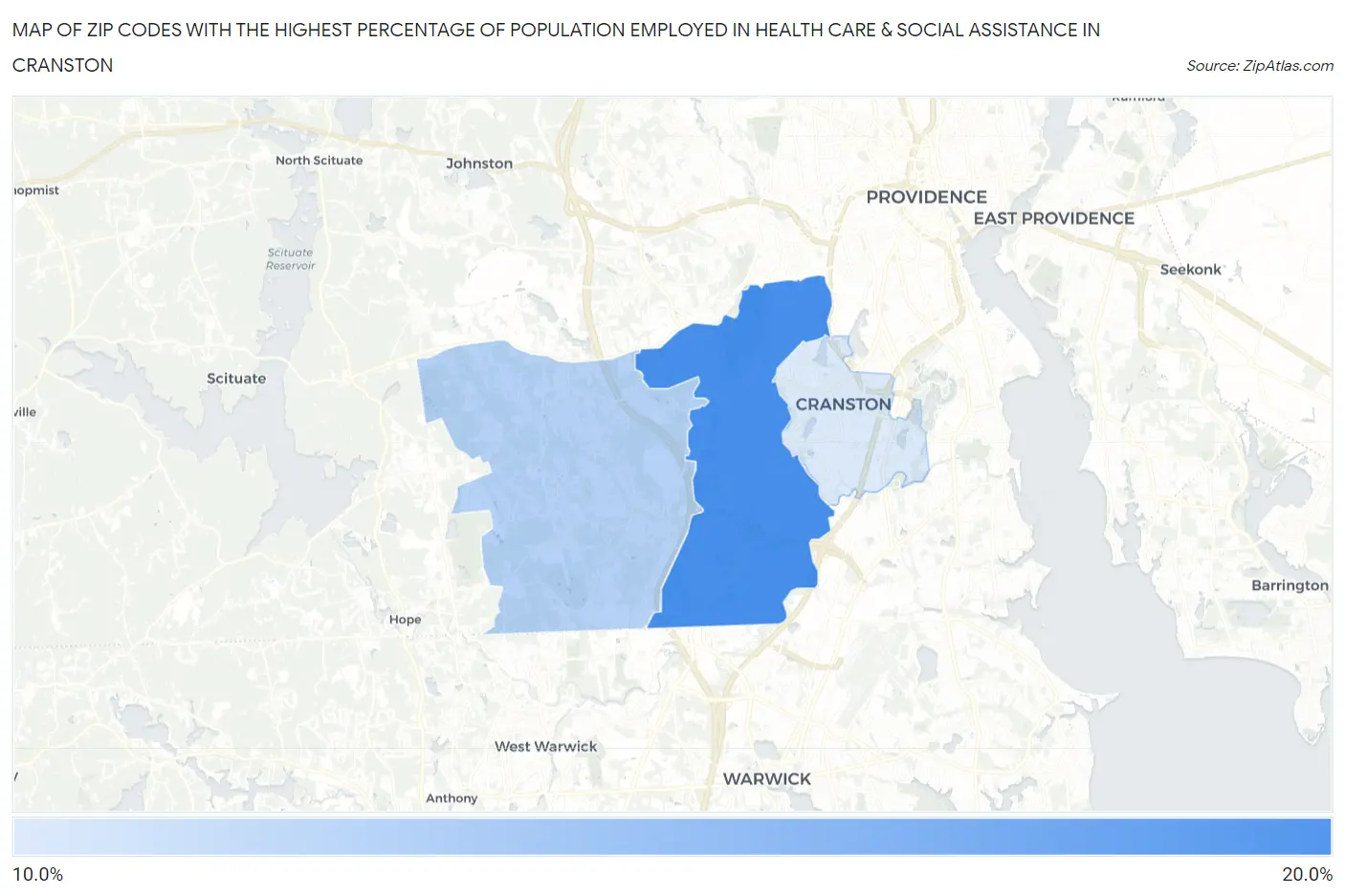 Zip Codes with the Highest Percentage of Population Employed in Health Care & Social Assistance in Cranston Map