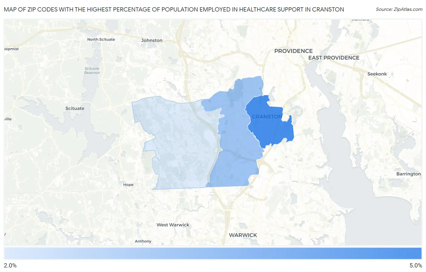 Zip Codes with the Highest Percentage of Population Employed in Healthcare Support in Cranston Map