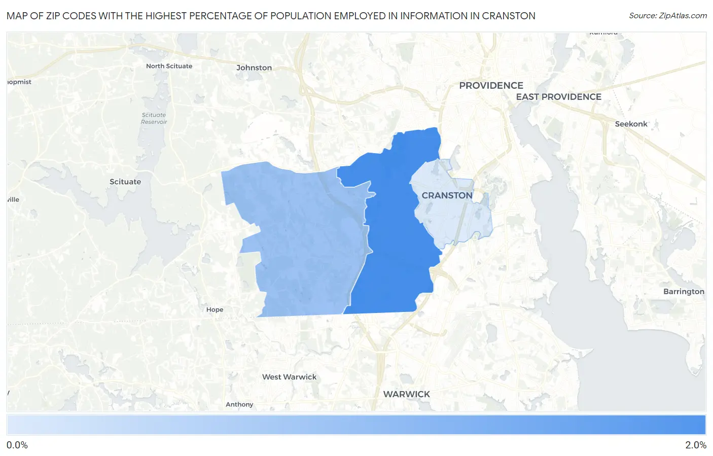 Zip Codes with the Highest Percentage of Population Employed in Information in Cranston Map