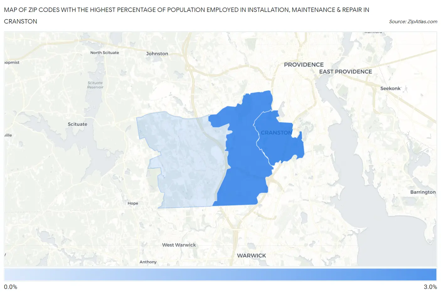 Zip Codes with the Highest Percentage of Population Employed in Installation, Maintenance & Repair in Cranston Map