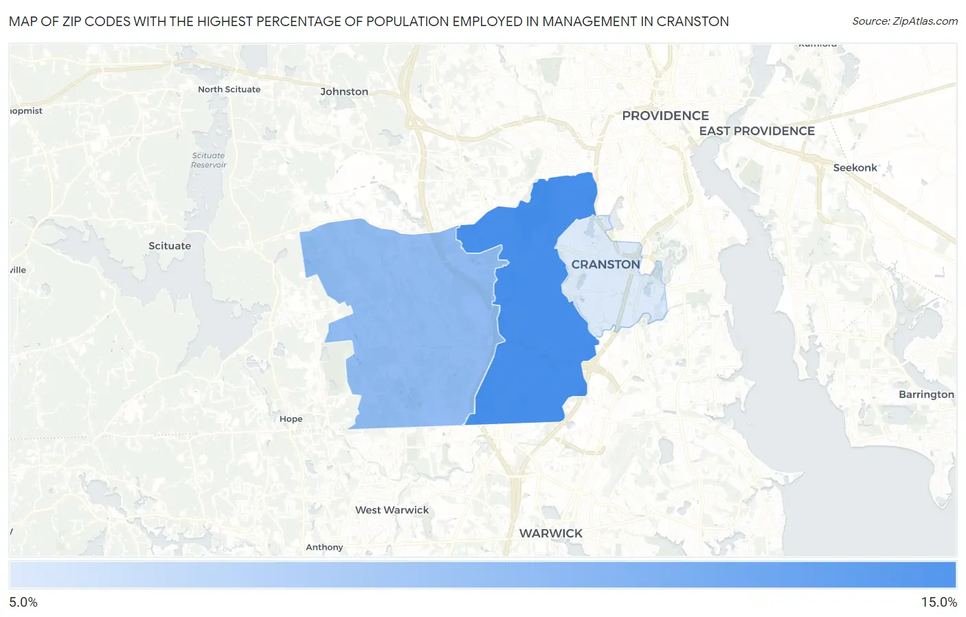 Zip Codes with the Highest Percentage of Population Employed in Management in Cranston Map