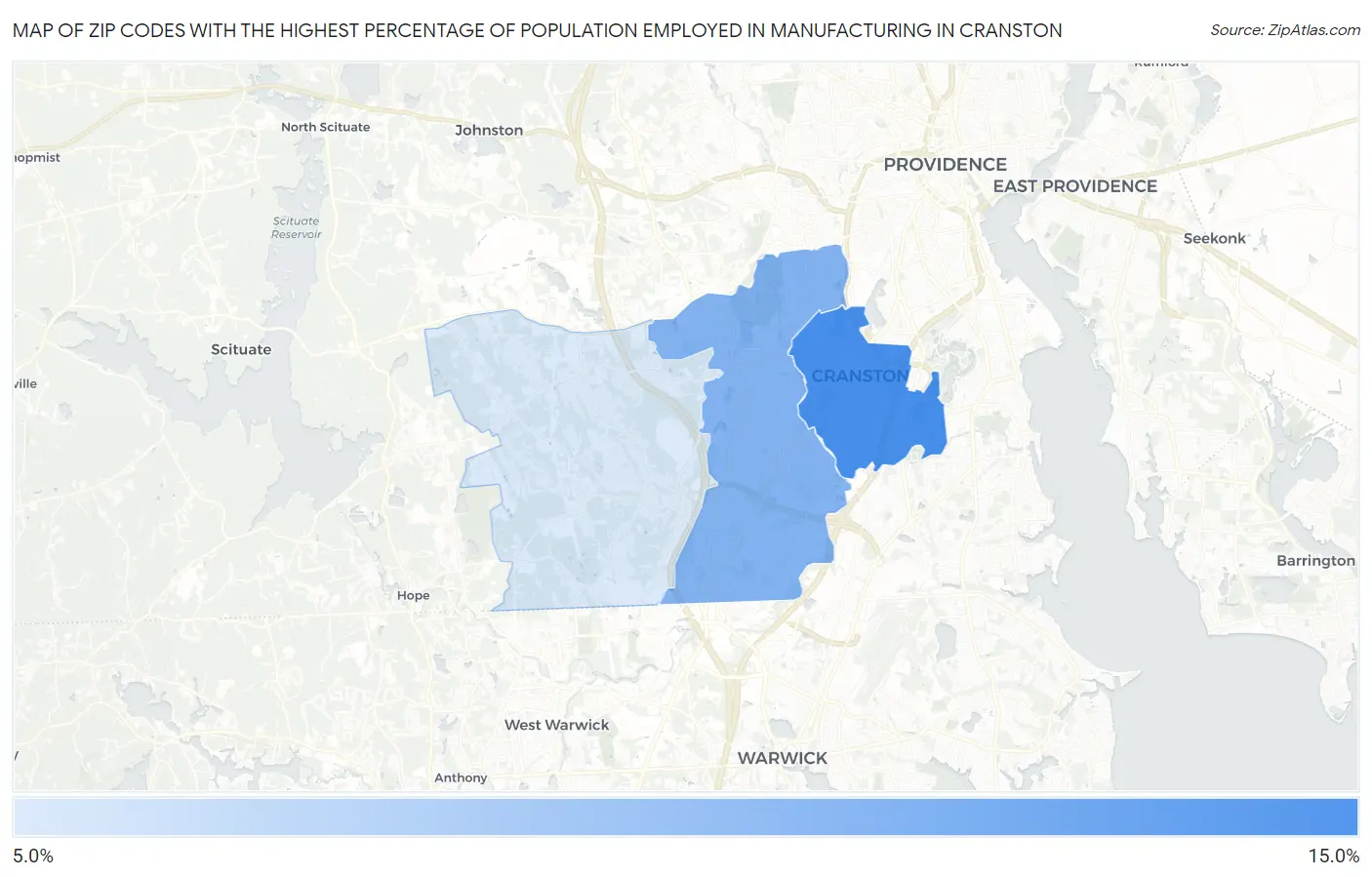 Zip Codes with the Highest Percentage of Population Employed in Manufacturing in Cranston Map