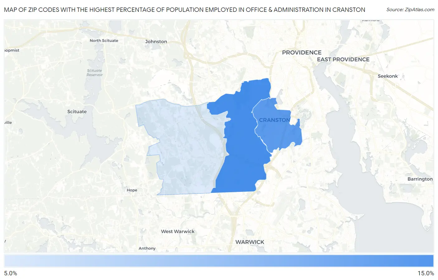 Zip Codes with the Highest Percentage of Population Employed in Office & Administration in Cranston Map