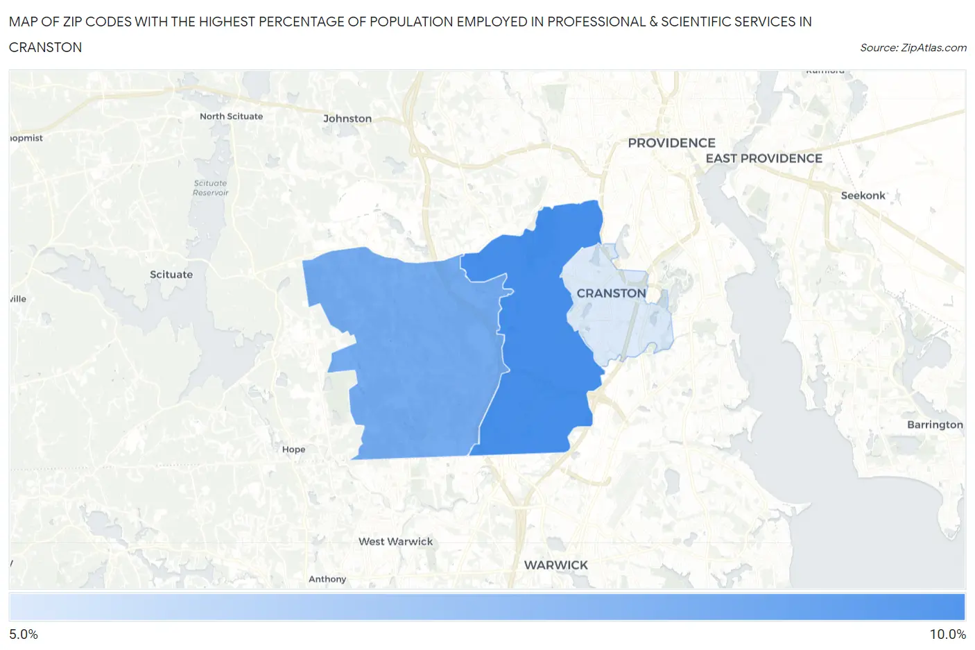 Zip Codes with the Highest Percentage of Population Employed in Professional & Scientific Services in Cranston Map