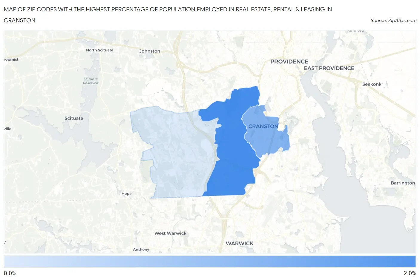Zip Codes with the Highest Percentage of Population Employed in Real Estate, Rental & Leasing in Cranston Map