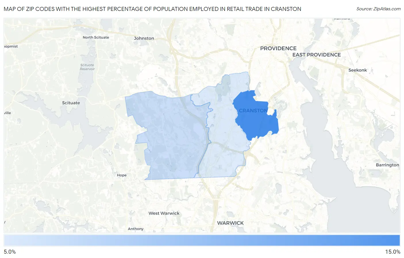 Zip Codes with the Highest Percentage of Population Employed in Retail Trade in Cranston Map