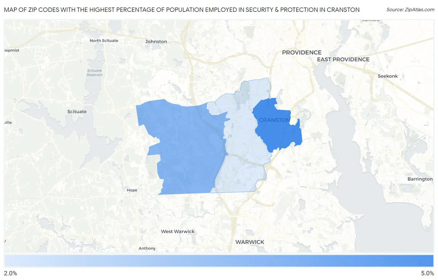 Zip Codes with the Highest Percentage of Population Employed in Security & Protection in Cranston Map