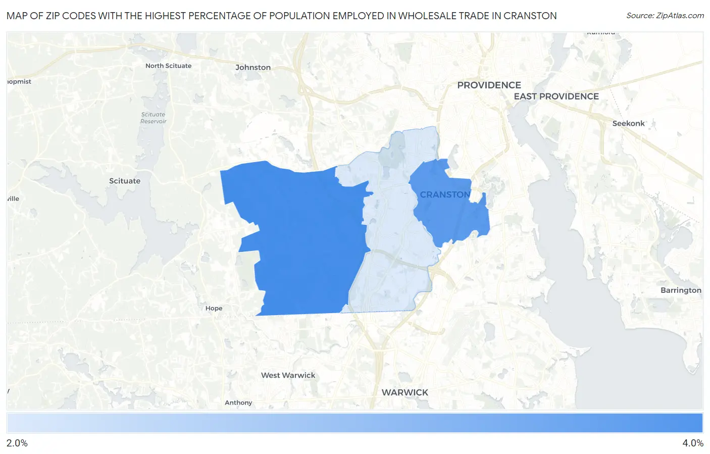 Zip Codes with the Highest Percentage of Population Employed in Wholesale Trade in Cranston Map