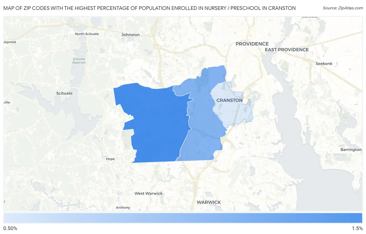 Zip Codes with the Highest Percentage of Population Enrolled in Nursery / Preschool in Cranston Map
