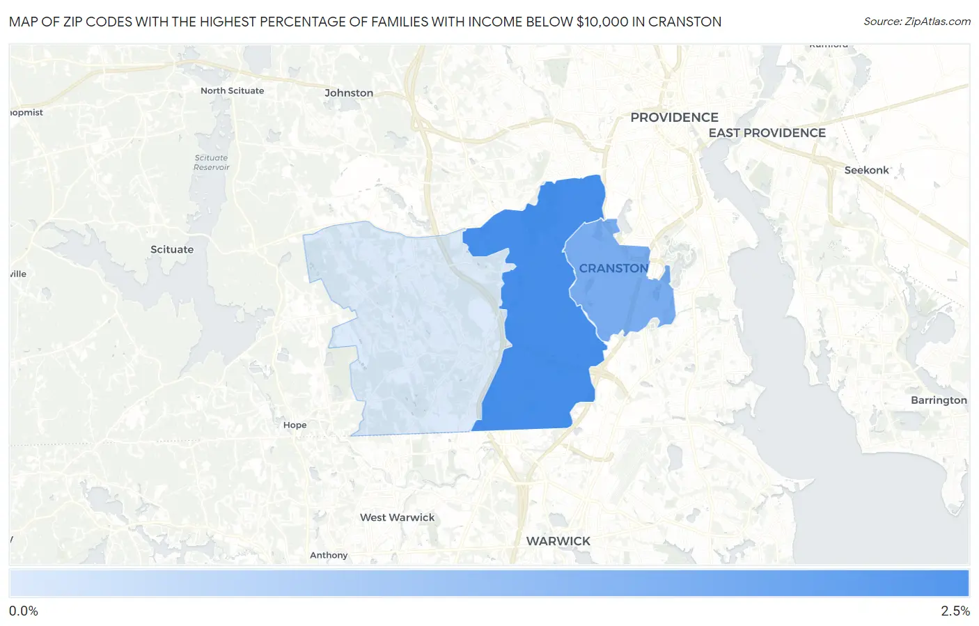 Zip Codes with the Highest Percentage of Families with Income Below $10,000 in Cranston Map