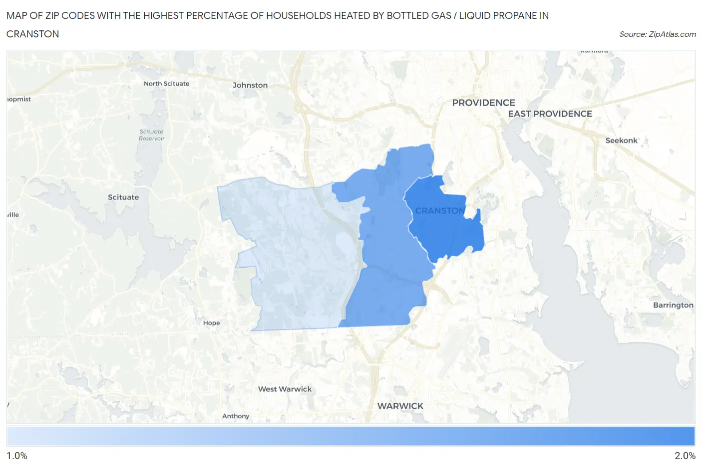 Zip Codes with the Highest Percentage of Households Heated by Bottled Gas / Liquid Propane in Cranston Map