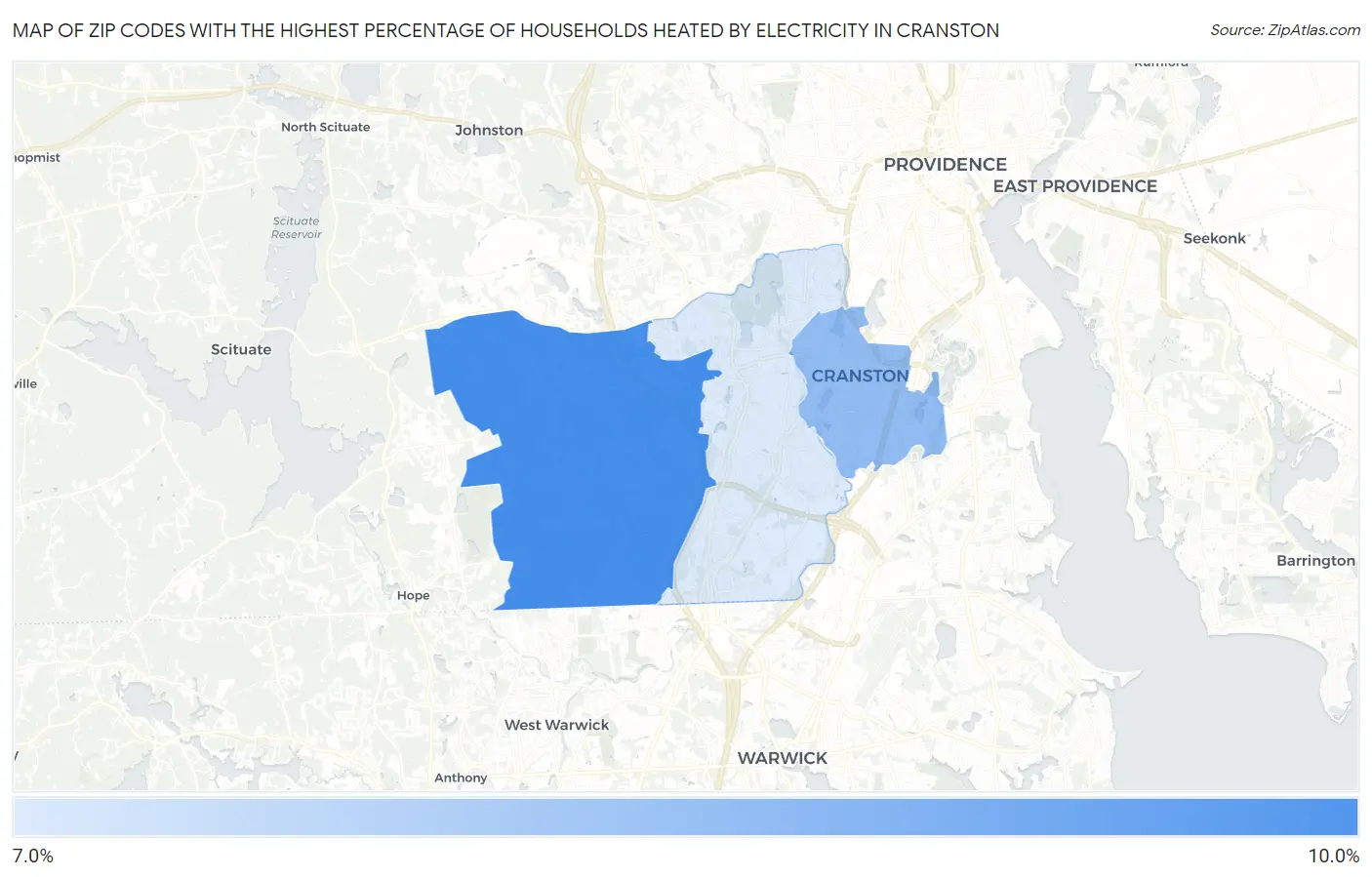Zip Codes with the Highest Percentage of Households Heated by Electricity in Cranston Map