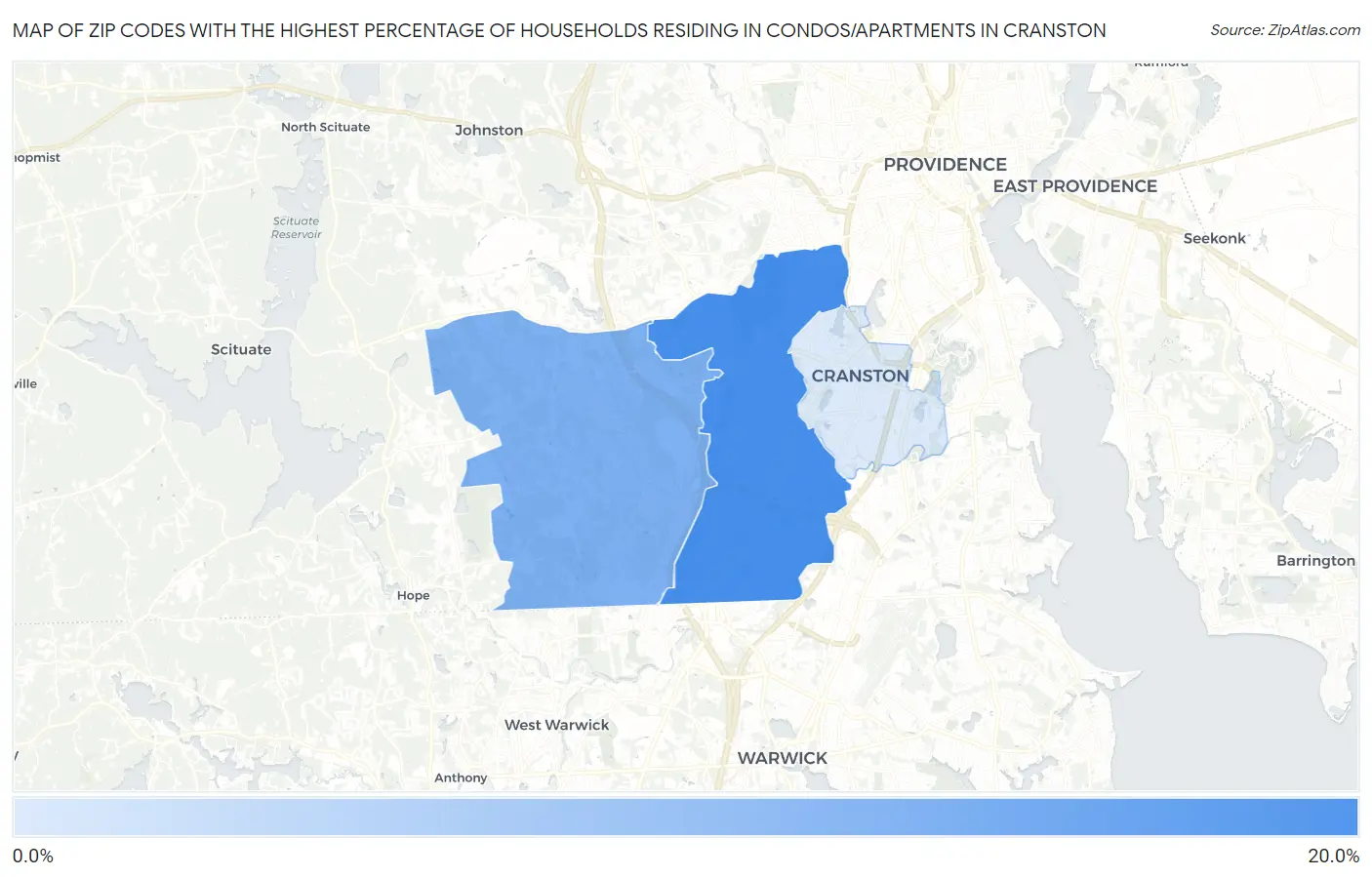 Zip Codes with the Highest Percentage of Households Residing in Condos/Apartments in Cranston Map