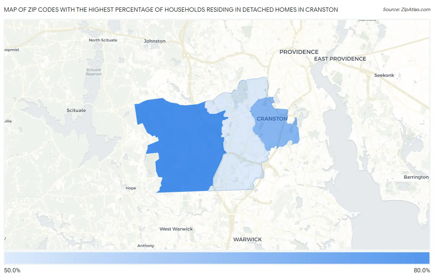 Zip Codes with the Highest Percentage of Households Residing in Detached Homes in Cranston Map