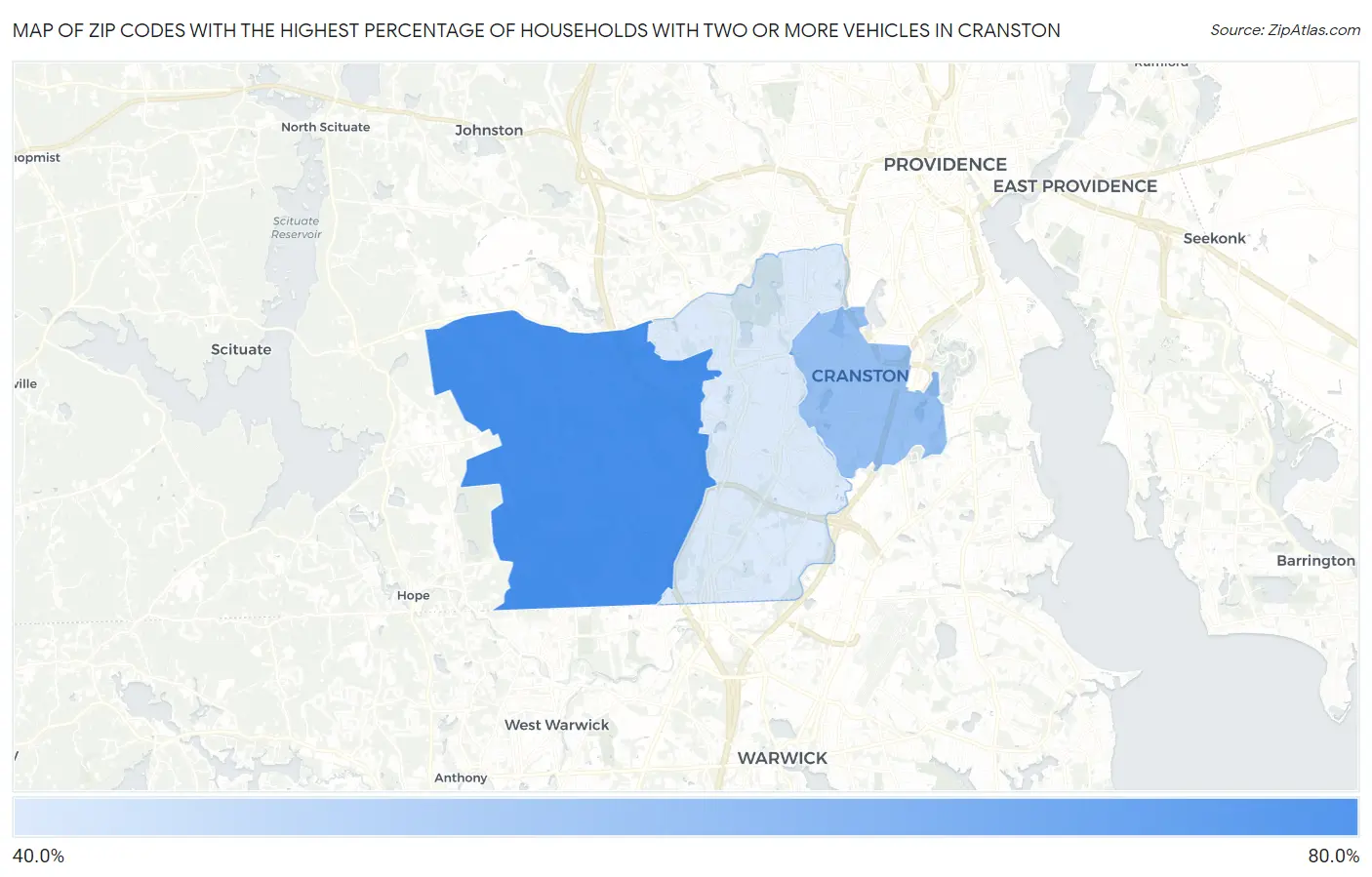 Zip Codes with the Highest Percentage of Households With Two or more Vehicles in Cranston Map