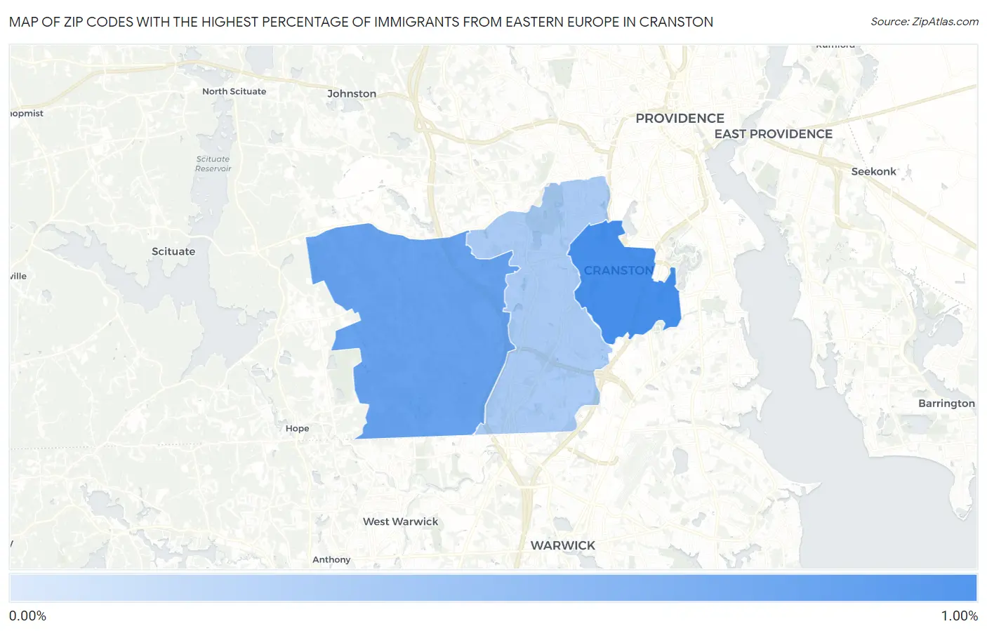 Zip Codes with the Highest Percentage of Immigrants from Eastern Europe in Cranston Map