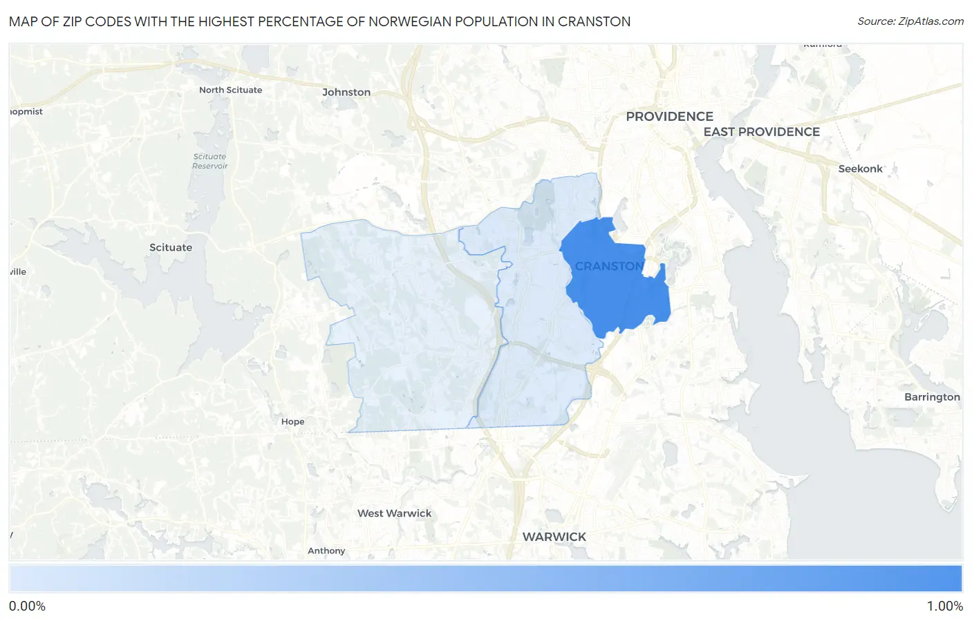 Zip Codes with the Highest Percentage of Norwegian Population in Cranston Map