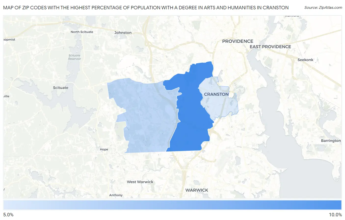 Zip Codes with the Highest Percentage of Population with a Degree in Arts and Humanities in Cranston Map