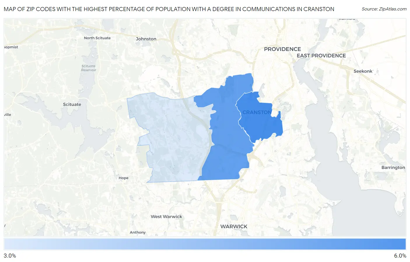 Zip Codes with the Highest Percentage of Population with a Degree in Communications in Cranston Map