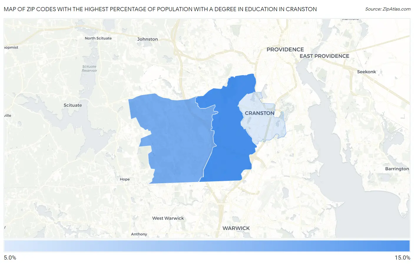 Zip Codes with the Highest Percentage of Population with a Degree in Education in Cranston Map