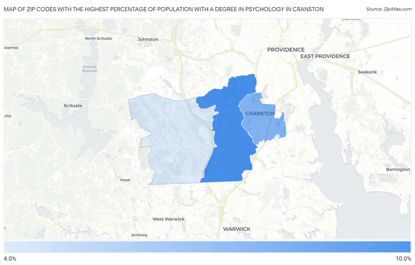 Zip Codes with the Highest Percentage of Population with a Degree in Psychology in Cranston Map