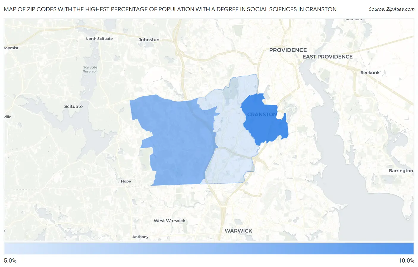 Zip Codes with the Highest Percentage of Population with a Degree in Social Sciences in Cranston Map